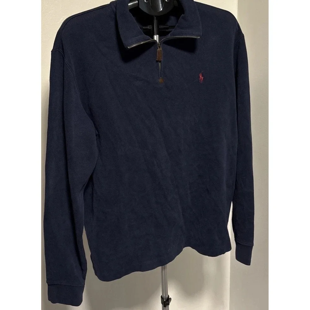 Polo Ralph Lauren Men's Cotton Navy 1/4 Zip Mock Neck Knit Sweater Size L
